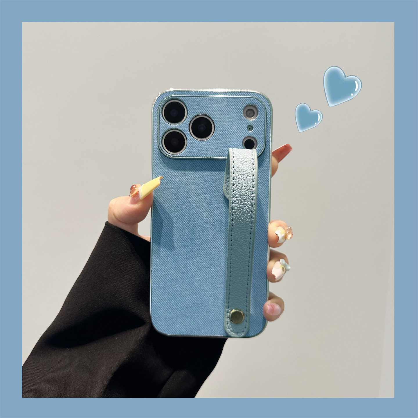 电镀蓝色牛仔纹腕带适用苹果17promax手机壳iPhone16pro全包镜头15/14promax简约纯色15plus奢华13防摔12外壳