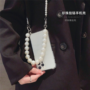 ins时髦大珍珠链条适用华为pura70pro手机壳pura80pro斜跨mate80腕带mate70/60pro挂绳p60透明nova15/14/13女