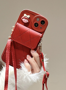 红色菱格女孩卡包适用vivox200手机壳x100pro斜挎x90背带x80女s30硅胶s20/s19/s18/s17/s16全包y78防摔保护壳