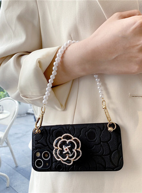 皮纹山茶花适用华为mate60pro手机壳pura70斜挎p60挂绳mate50支架mate40pro女nova13/12/11荣耀200软壳100/90