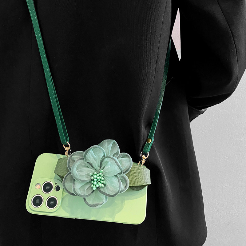 绿色纱花腕带适用华为pura80pro手机壳pura70pro+斜挎p60挂绳mate80甜美mate70/60pro小众nova15/14/13防摔套