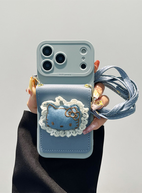 ins蓝色蕾丝kt猫卡包适用opporeno15手机壳reno14/13/12pro新款reno11带挂绳reno10女findx9/8s/7卡通A55全包