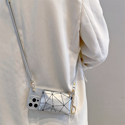 银色菱格卡包挂绳斜跨防摔手机壳