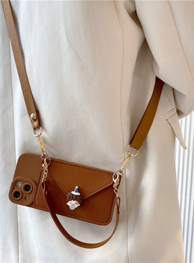 棕色吹泡泡卡包适用opporeno15手机壳reno14/13/12pro斜挎reno11挂绳reno10背带A6创意A5x全包findx9/8防摔套