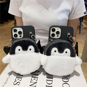 毛绒可爱企鹅零钱包适用iPhone17Pro手机壳13女15promax卡通苹果11硅胶12女款 xs挂绳xr背带xsmax斜跨16promax