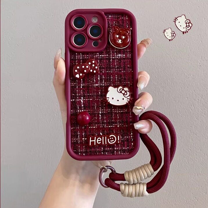 酒红色小香风kt猫适用苹果17promax手机壳iphone16新款13绒布12女款11卡通15promax斜跨挂绳14plus全包防摔套