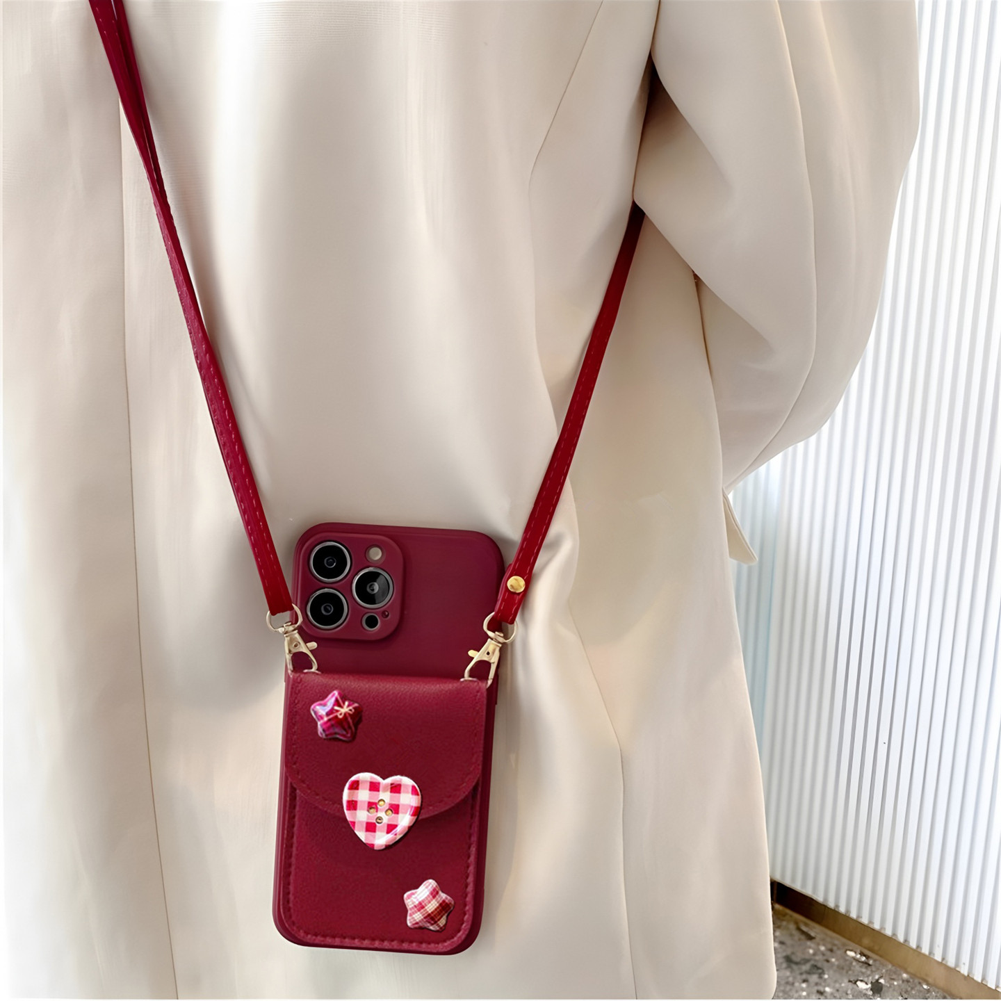 酒红格子爱心卡包适用荣耀500手机壳400/300pro斜挎200女款magic8/7皮质手链100个性90/80/70/60全包x50i防摔