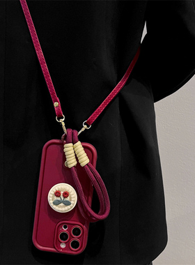 酒红樱桃支架适用opporeno15手机壳reno14/13/12pro新款reno11斜跨reno10手提findx9/8s挂绳A3A5个性A6防摔女