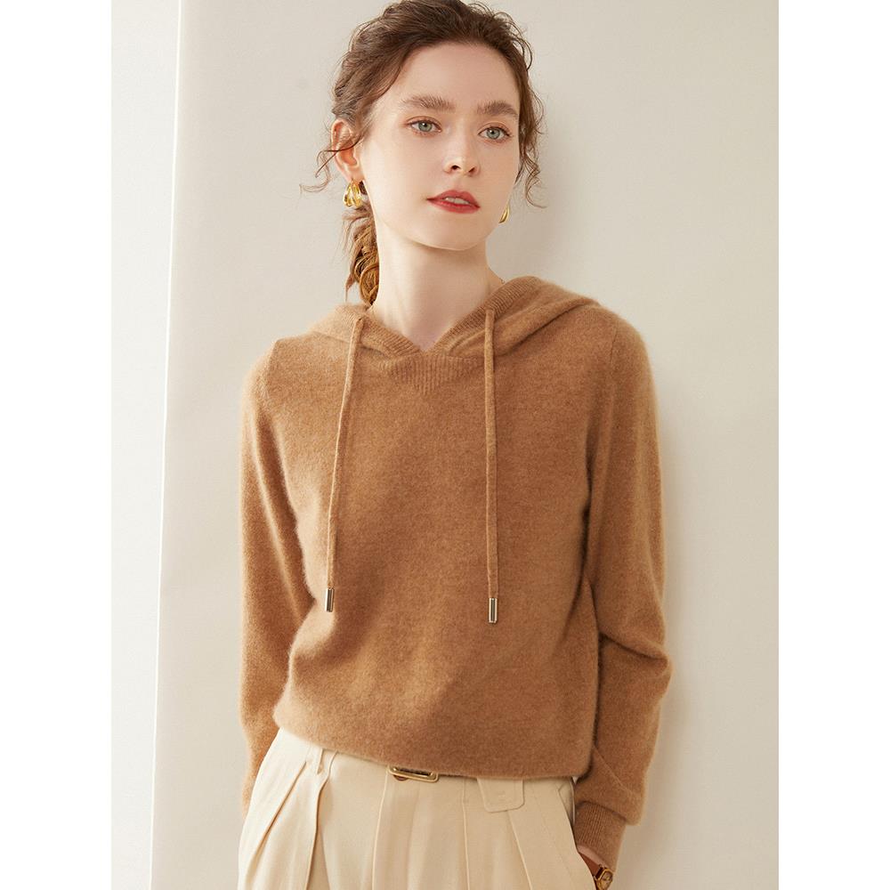 时尚穿搭！山羊绒帽衫女纯色秋冬宽松连帽毛衣针织打底卫衣外套女