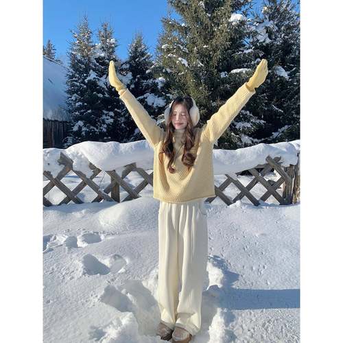 cozydays 奶油白加绒加厚休闲卫裤女秋冬新款宽松百搭直筒长裤