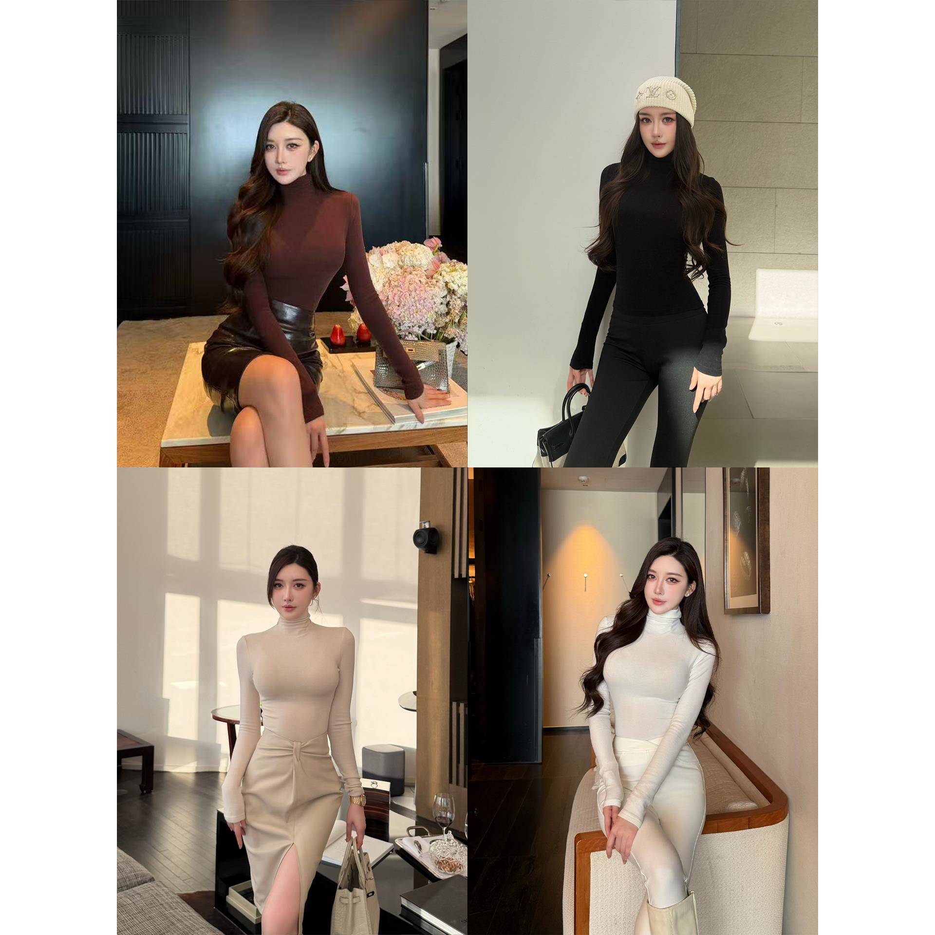 SX善喜4色入高领磨毛针织打底衫女修身内搭显瘦堆堆领长袖上衣T恤