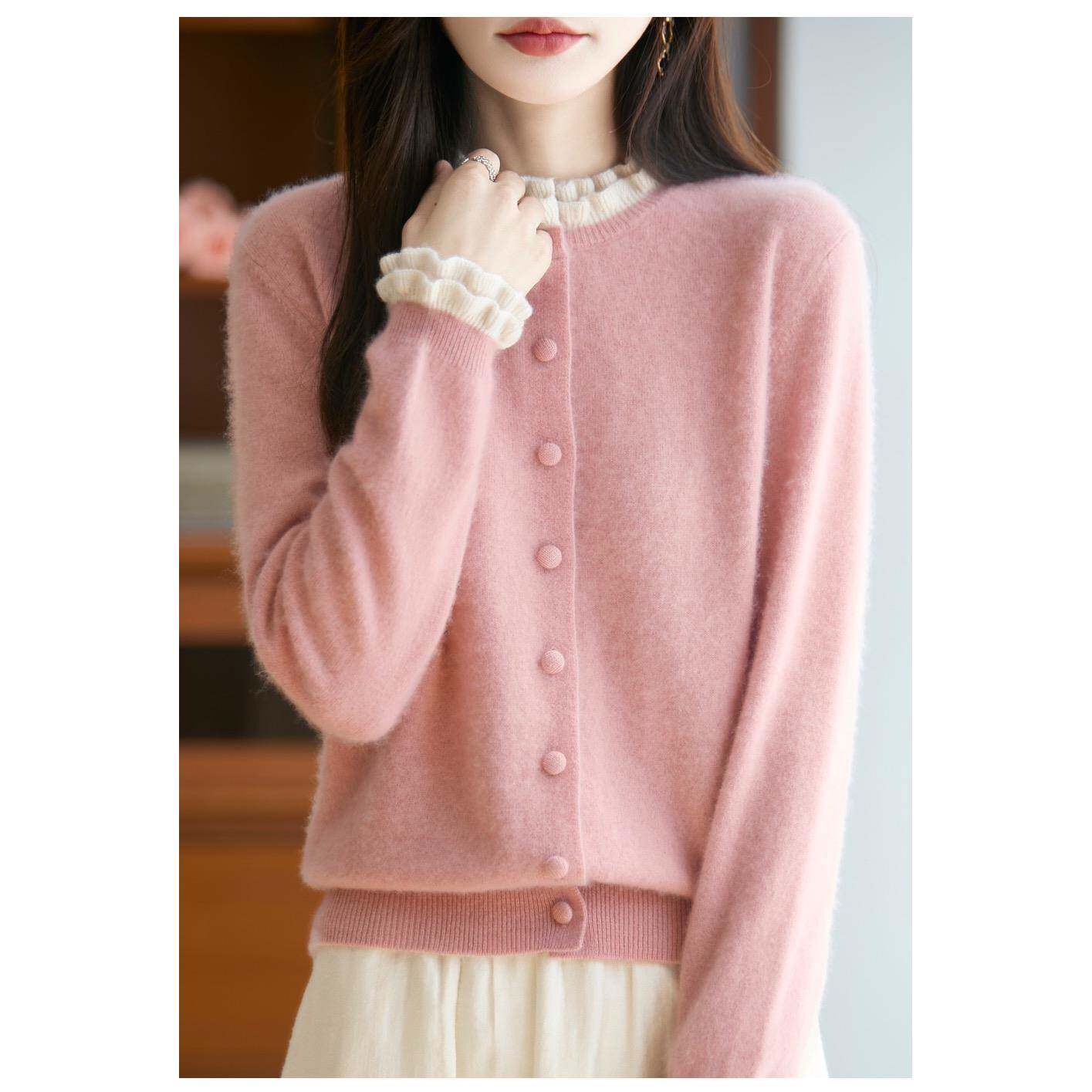 2025新款时尚百搭撞色木耳边圆领软糯亲肤羊毛薄款长袖针织开衫女