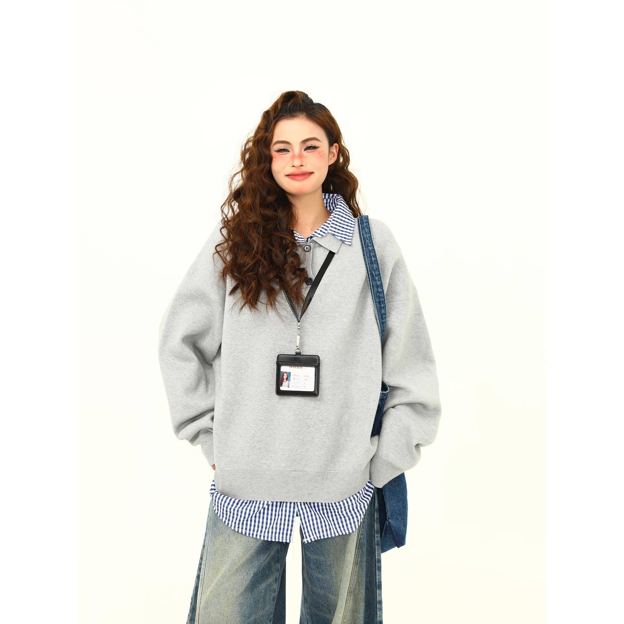 狂野Azi美国覆古高端假两件套翻领学院风针织女装春秋季多功能针