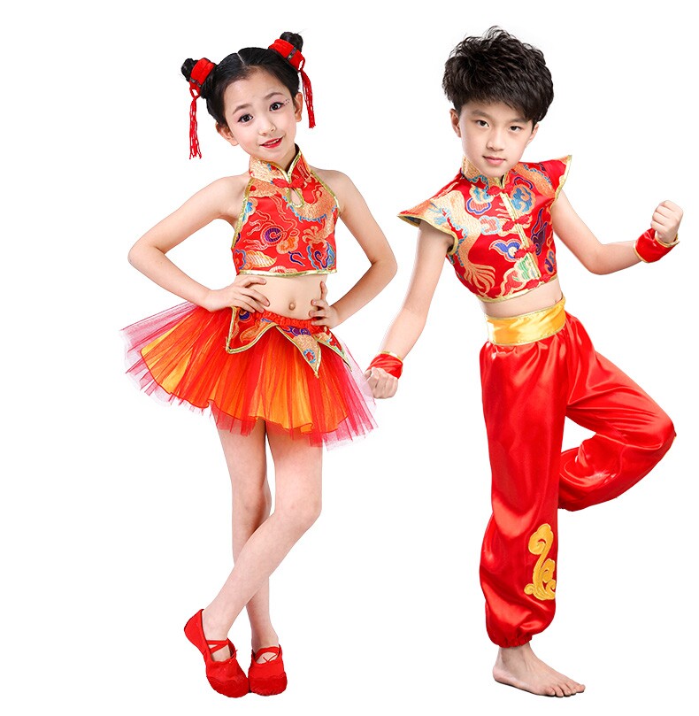 六一少儿腰鼓服表演服装中国风肚兜小孩武术演出服装喜庆娃娃套装