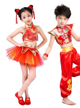 六一少儿腰鼓服表演服装中国风肚兜小孩武术演出服装喜庆娃娃套装