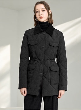 欧货黑色收腰棉衣女款冬季2025新款复古棉袄中长款翻领棉服外套