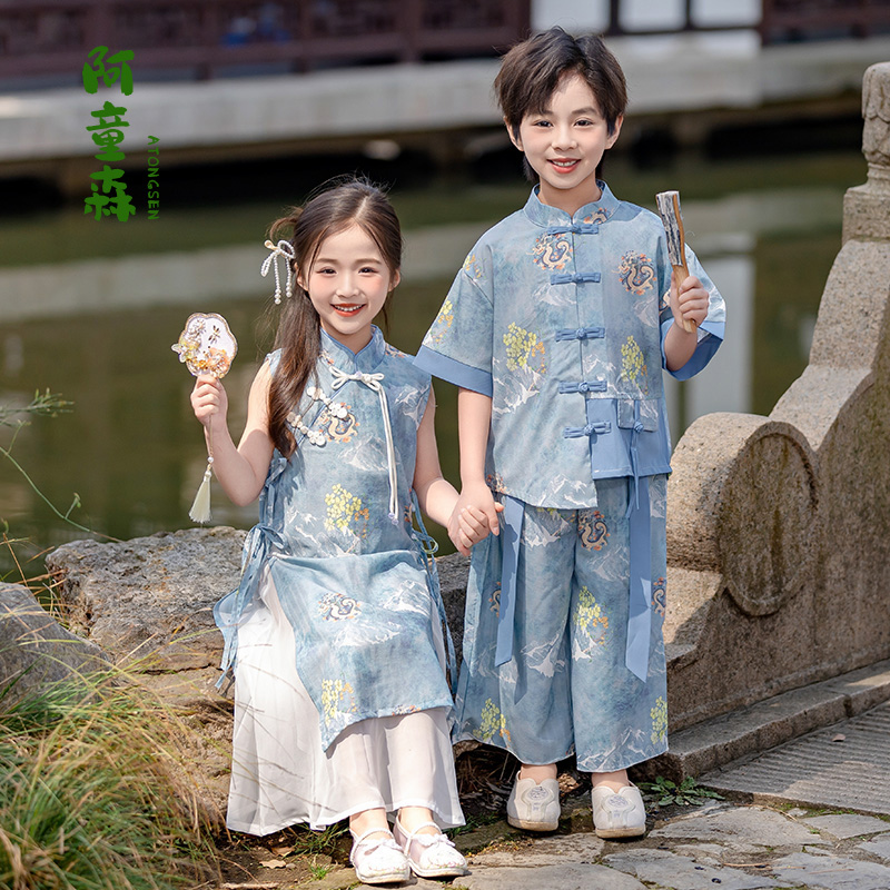 儿童汉服女童新中式旗袍国风套装男童古装国学服幼儿园六一表演服