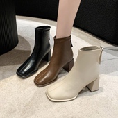 靴 粗跟瘦瘦靴百搭高跟时装 欧货中跟复古软皮短靴女2024秋冬季 新款