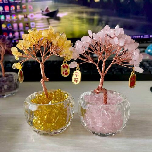 财神爷小神仙办公室工位创意摆件天然黄水晶树紫水晶发财树摇钱树
