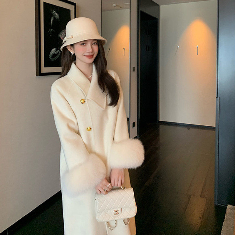 双面呢羊绒大衣女2026秋冬翻领呢子外套白色宽松时尚百搭中长款