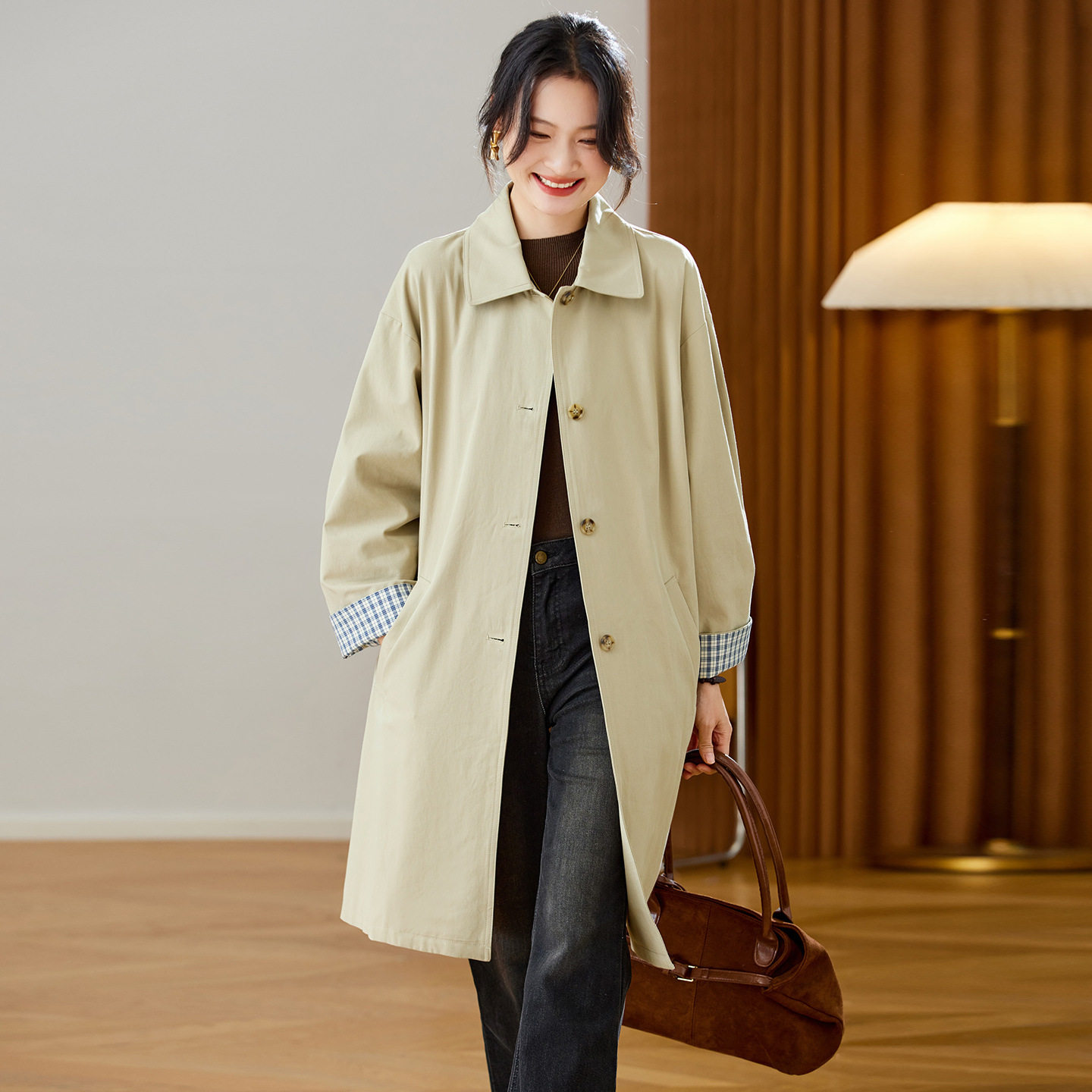 棉茧 卡其色风衣女中长款女2026春秋装新款英伦文艺范复古外套