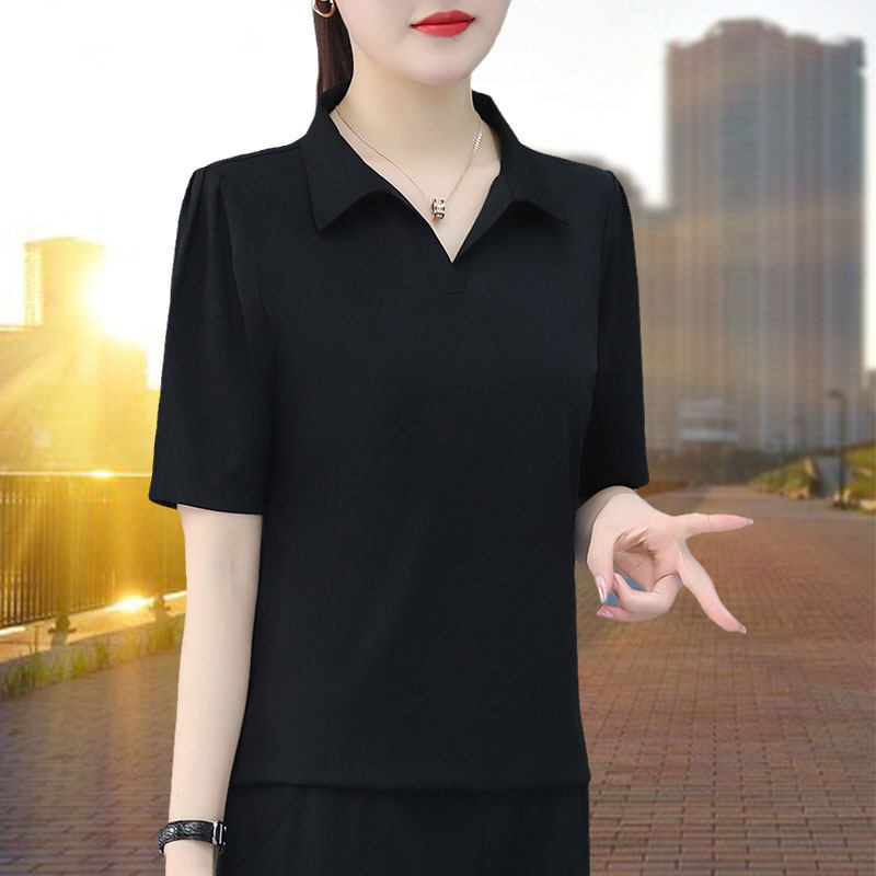翻领休闲短袖t恤女黑色2026新款夏季装品牌中年女士大码宽松上衣