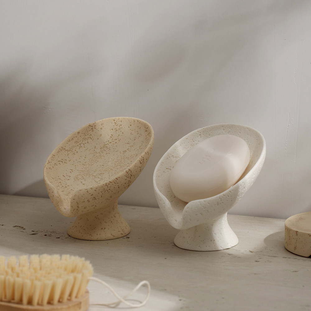 洞石荷叶创意高脚肥皂盒家用沥水吸盘式磨砂质感洗手台香皂置物架