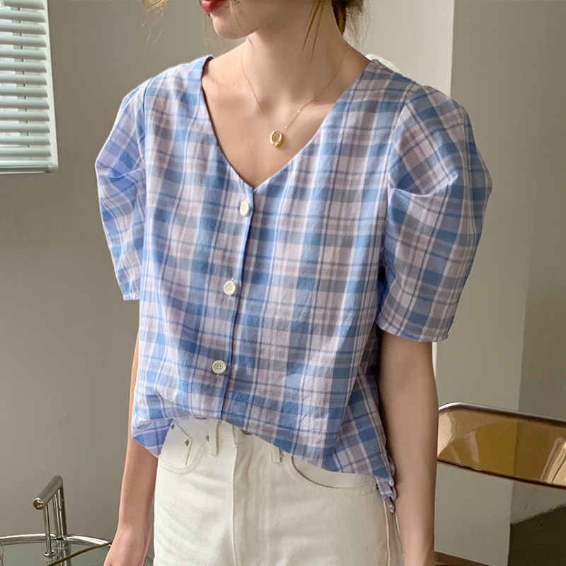 简慕瑶2020年夏季新款短袖女BM风上衣经典格纹短款复古格子小衫潮