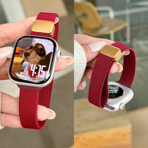 适用于苹果手表applewatch11/9/7/6代编织磁吸手表带S10/4/3/2女款透气9876se弹力回环磁吸ultra3尼龙酒红色