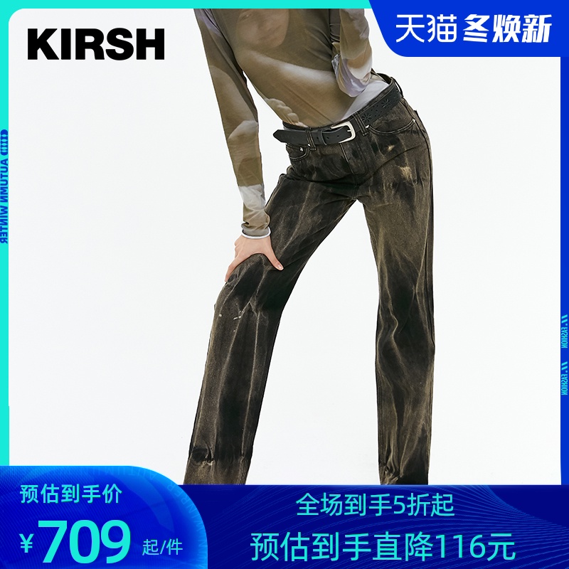 kirsh2020年秋冬新款大樱桃牛仔裤长裤阔腿裤显瘦显高高腰裤女ins