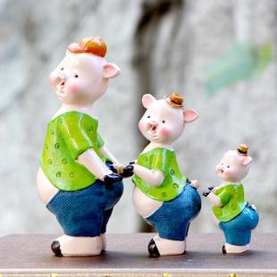 饰品 创意一家三口树脂娃娃工艺品猪卡通动物摆件客厅田园搁板小装