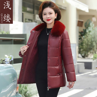 中老年冬季加绒加厚皮衣女妈妈装皮棉袄外套中年大码PU皮夹克棉衣