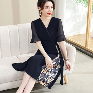 妈妈洋气连衣裙女夏季中年妇女短袖雪纺长裙子中老年女装夏装新款