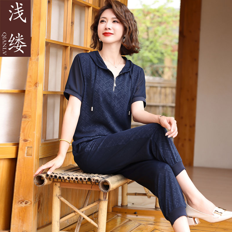 妈妈夏装短袖卫衣中年女装薄款运动服中老年夏季洋气大码休闲套装