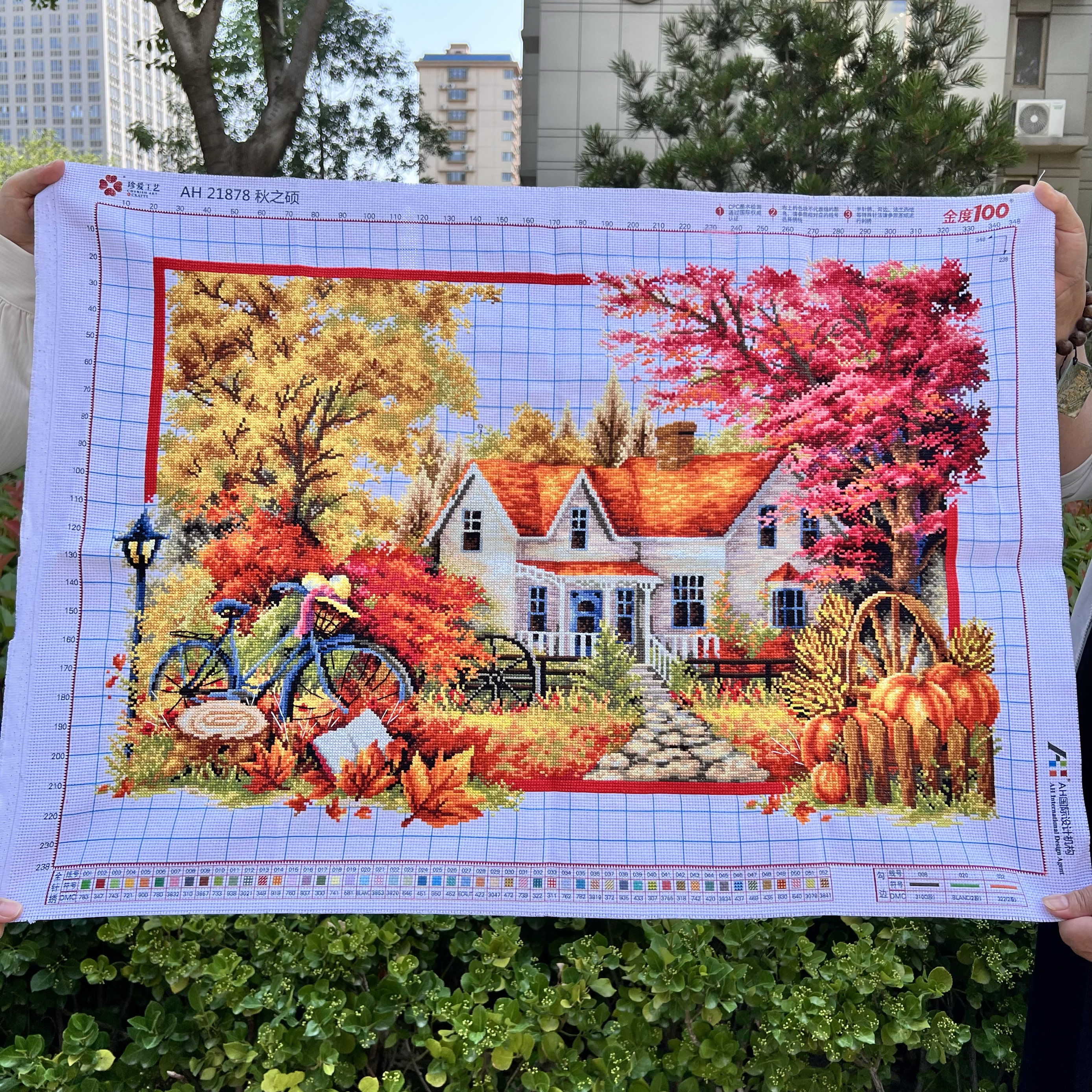 纯手工绣好的十字绣成品新款春夏秋冬秋之硕秋天的院子风景小画