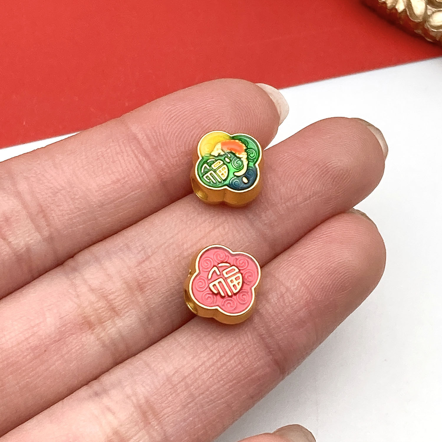 古法沙金配件四叶草福字锦鲤隔珠串珠配件手工编织diy小配饰饰品