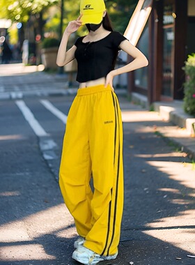 美式速干工装裤女2026夏季新款宽松休闲卫裤条纹薄款运动阔腿裤潮