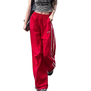 美式条纹拼接运动阔腿裤女2026春夏薄款高腰休闲卫裤速干工装裤子