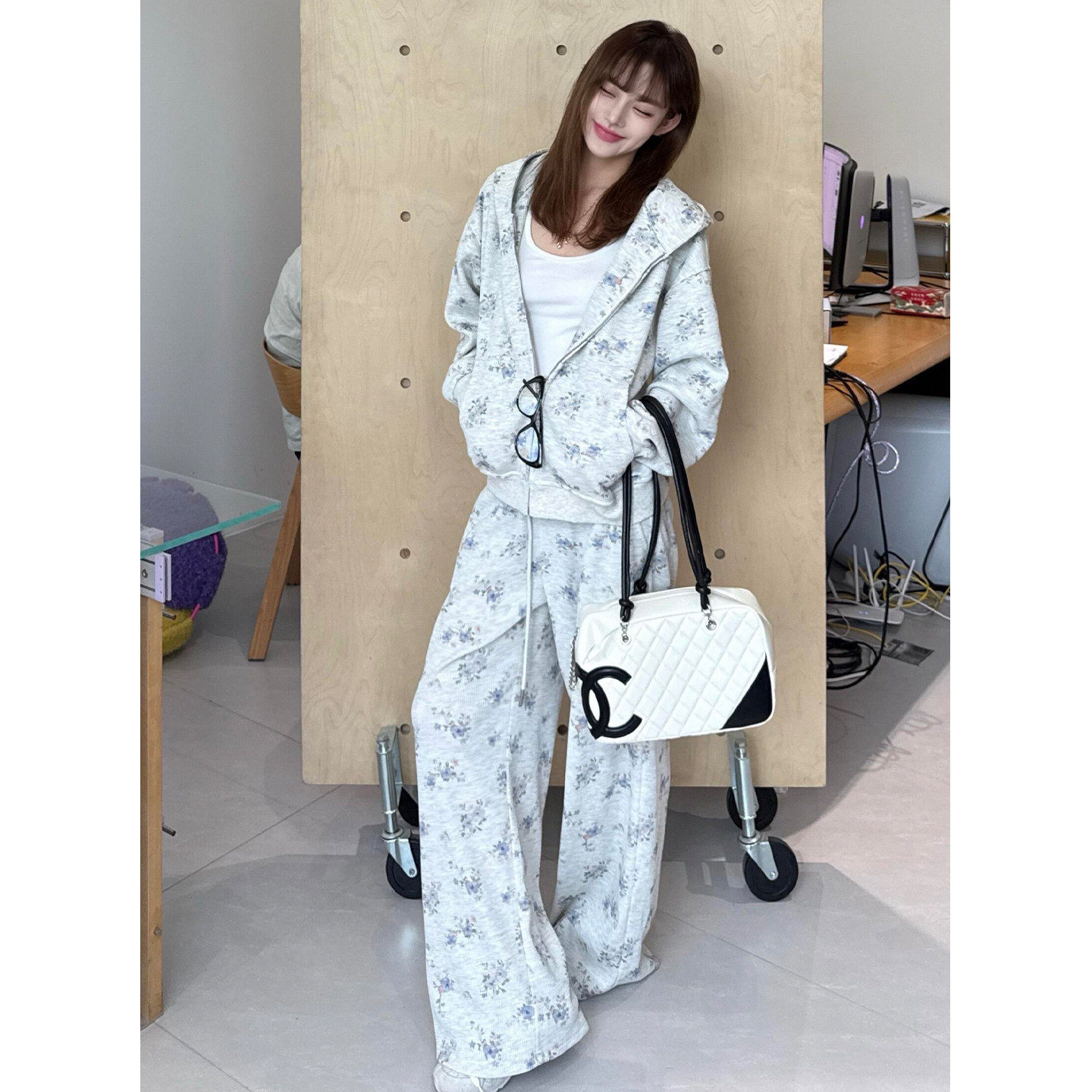 韩系高级感套装女秋季宽松休闲慵懒风华夫格碎花卫衣运动服两件套