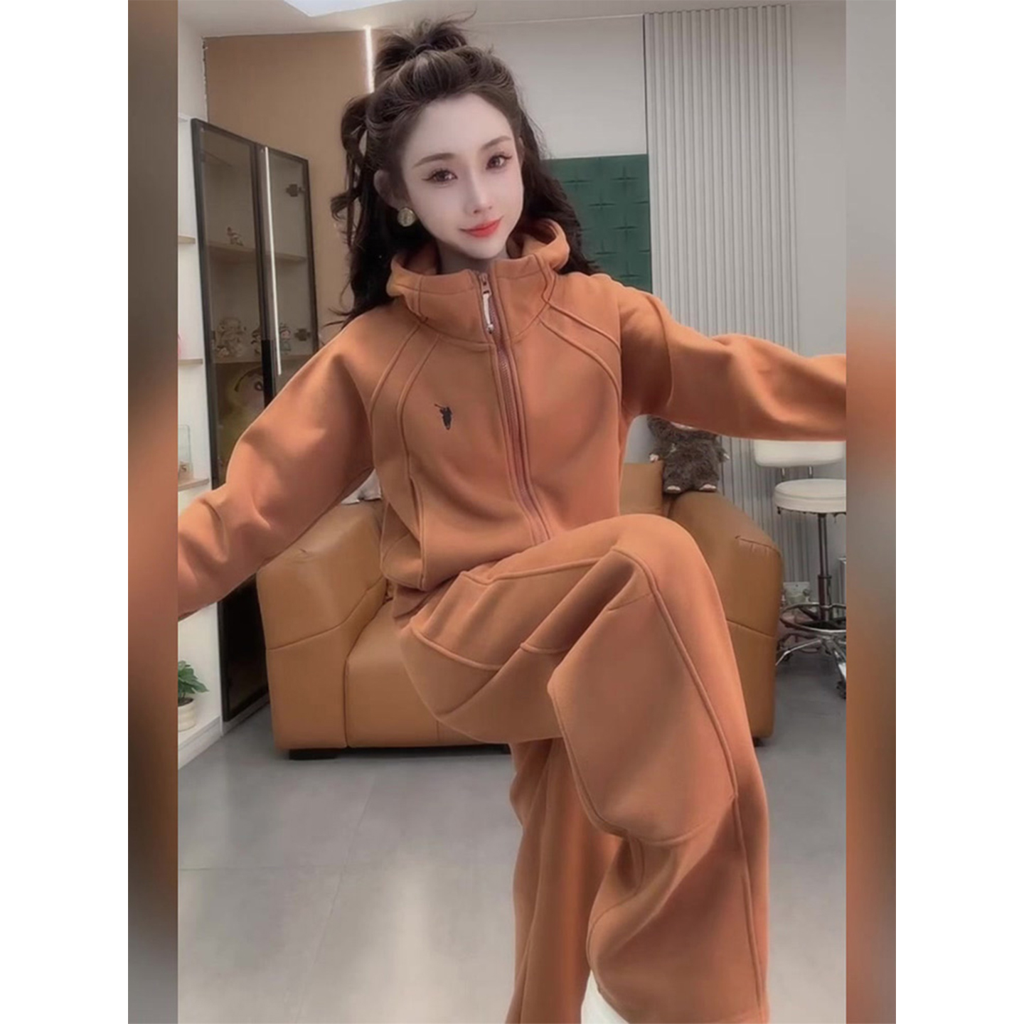 连帽开衫阔腿长裤两件套装女加绒