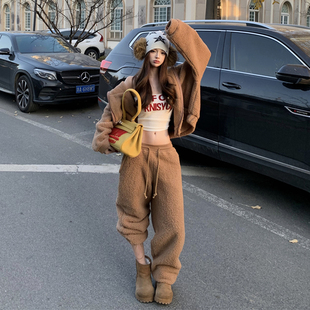 韩式搭配一整套冬装慵懒风休闲运动加绒加厚连帽卫衣束脚裤两件套
