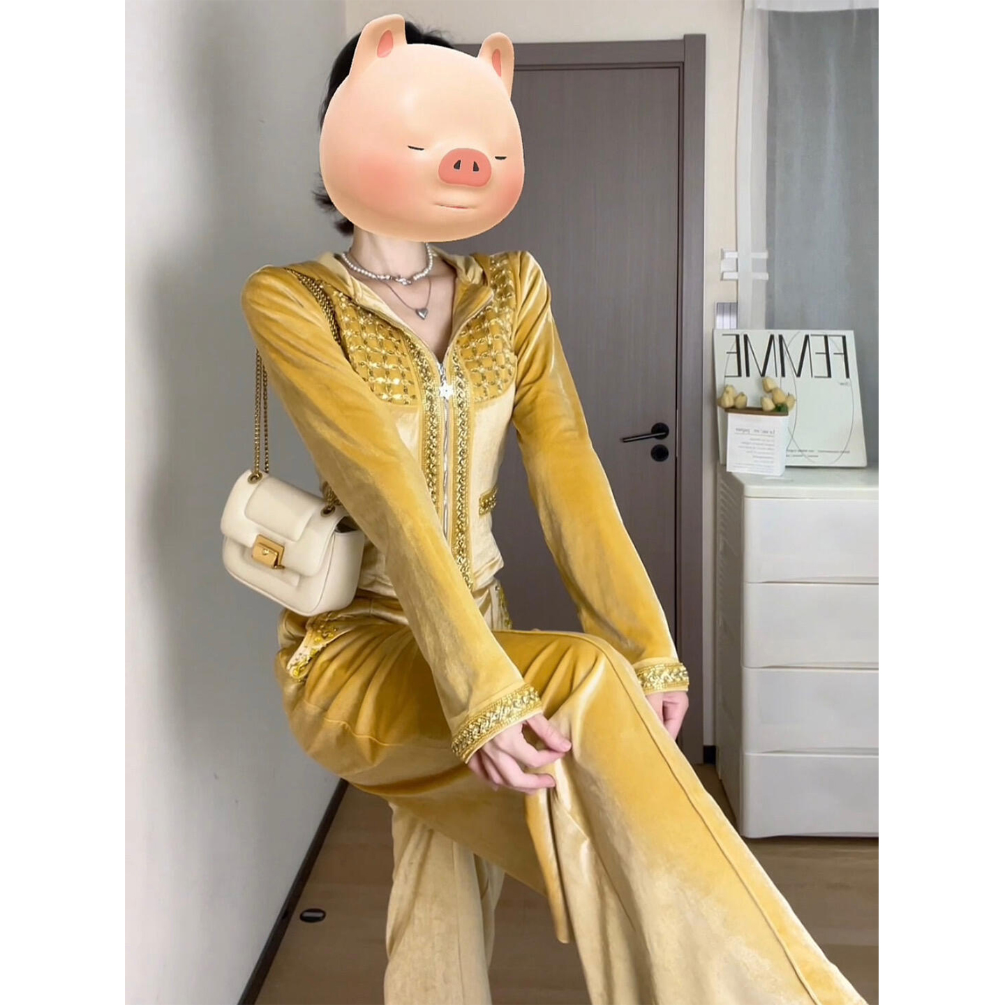 纽约街头时髦洋气金丝绒套装女秋