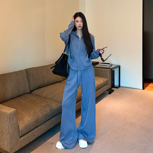 运动套装女款2025冬季穿搭慵懒风松弛感连帽开衫卫衣阔腿裤两件套