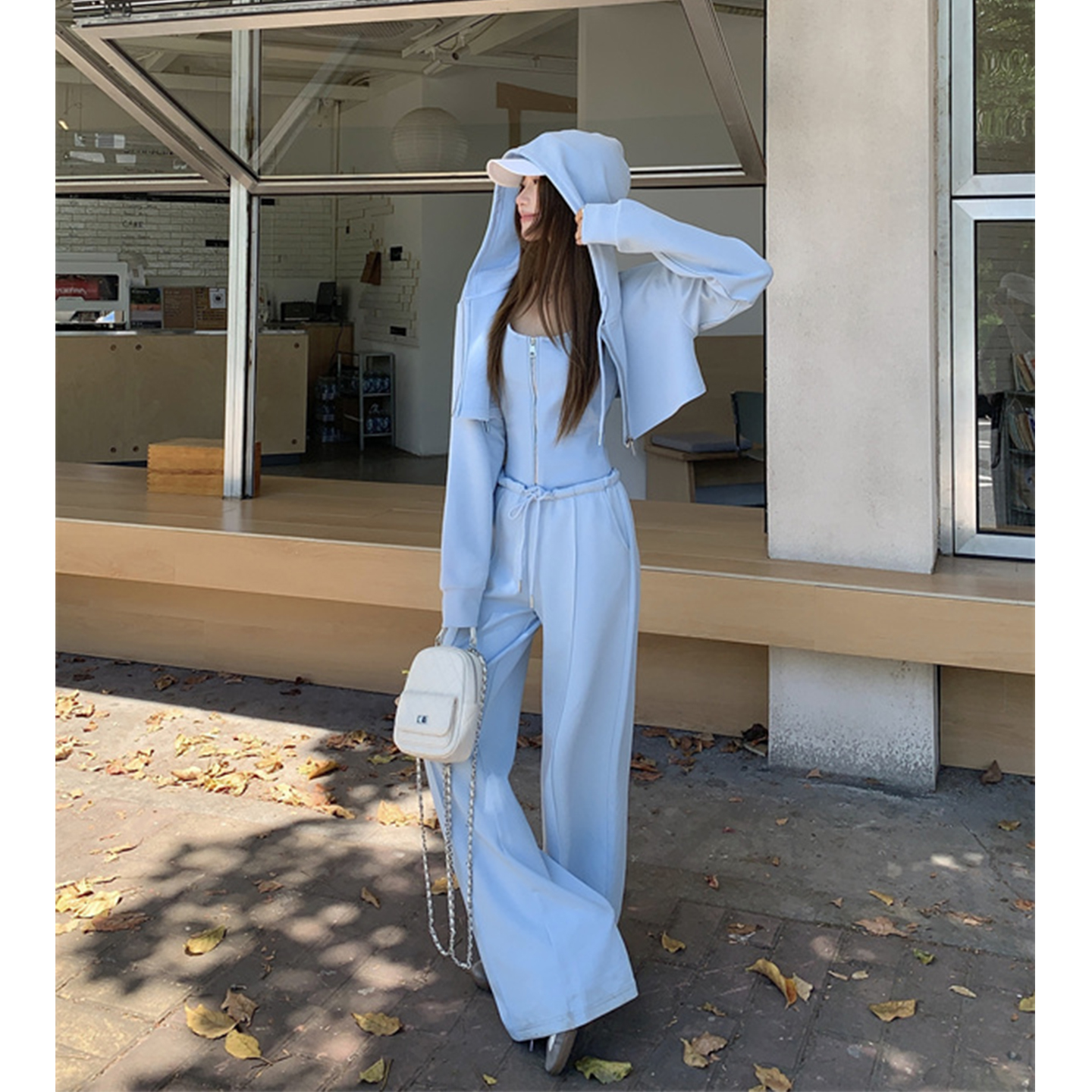 2025超火穿搭一整套蓝色休闲运动高级感连帽卫衣连体裤套装女春秋
