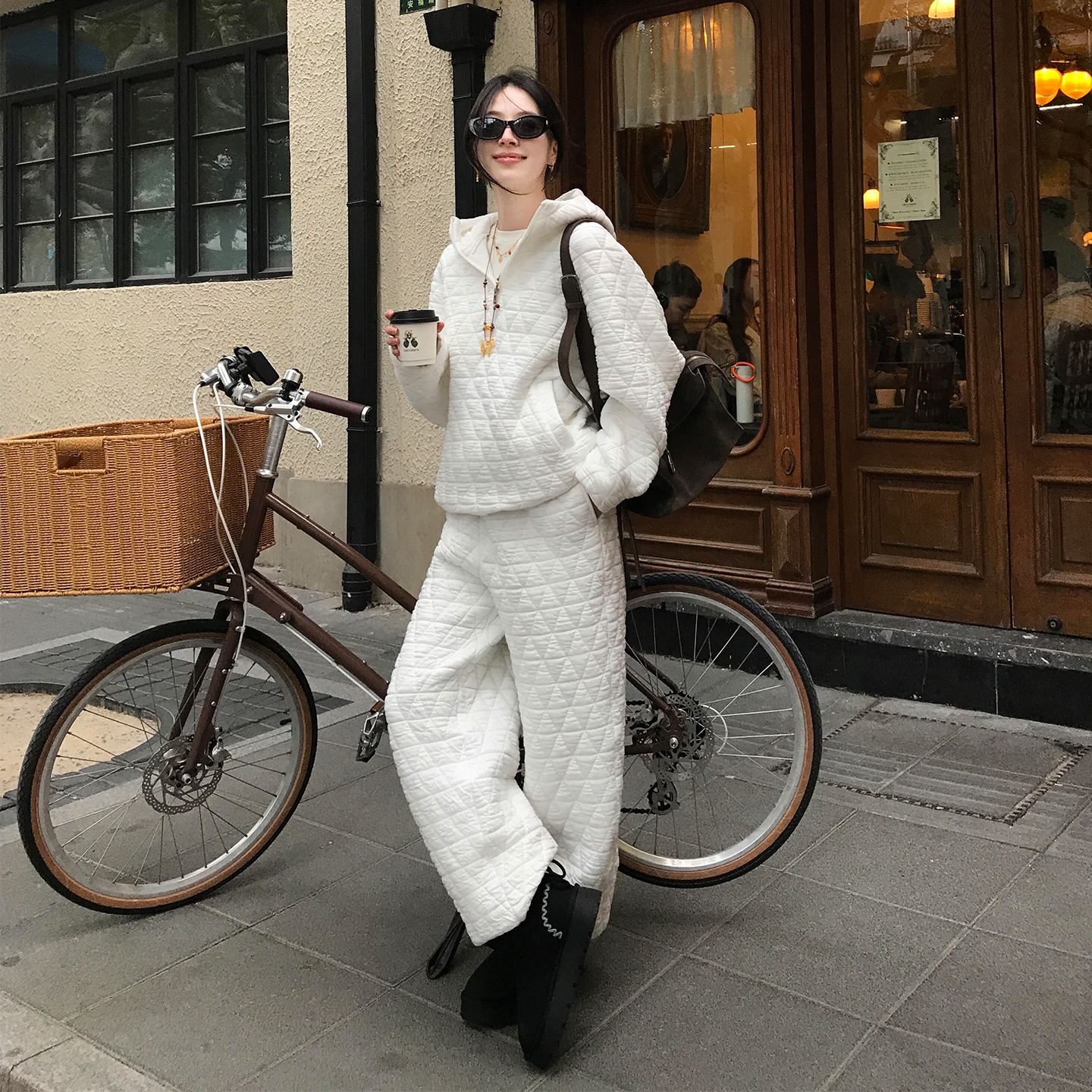 宽松保暖夹棉加厚菱格卫衣两件套