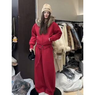 圣诞穿搭2026超火冬装一整套韩系高级感加绒毛领卫衣阔腿裤两件套