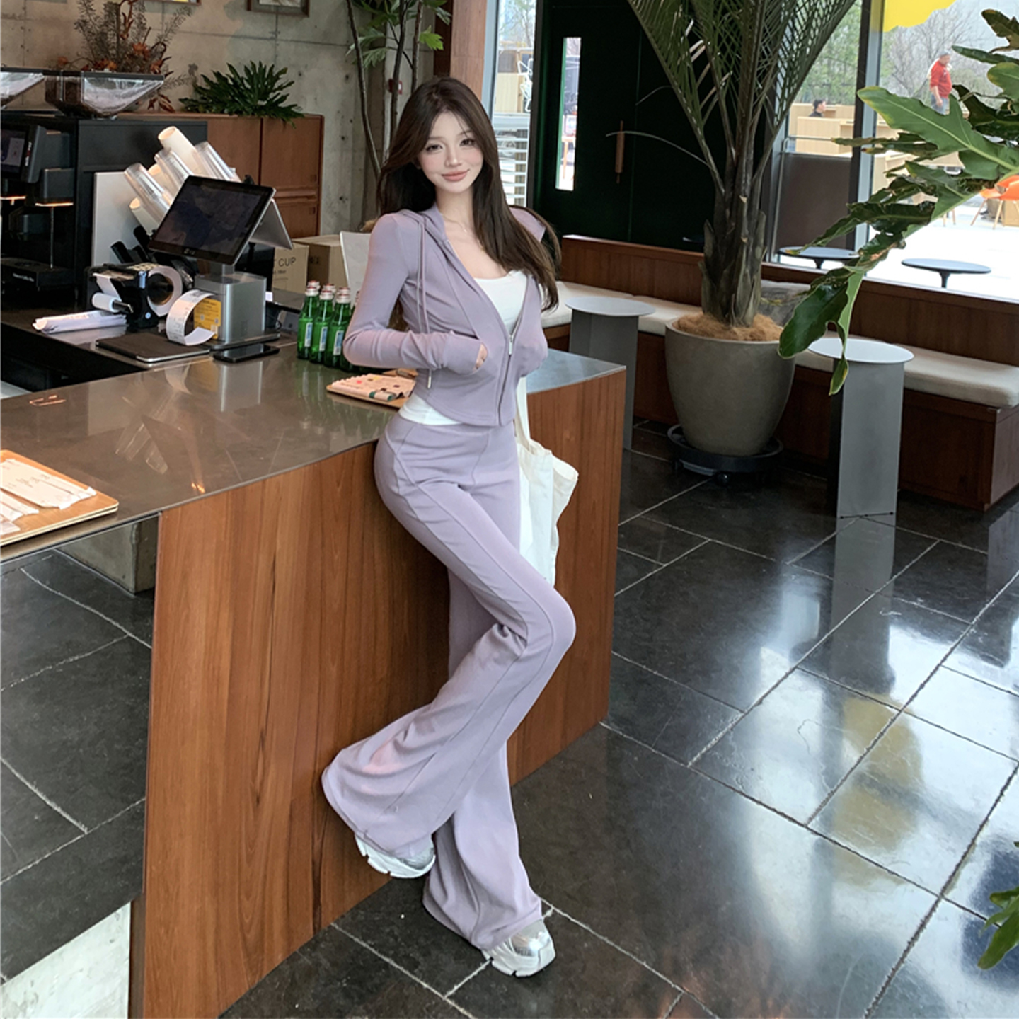 辣妹风休闲运动紫色高级感一整套