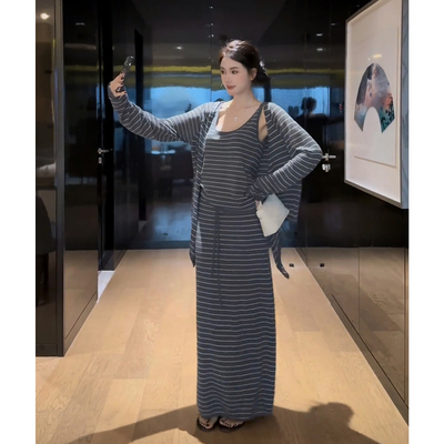 松弛感亚麻条纹套装裙秋季慵懒风
