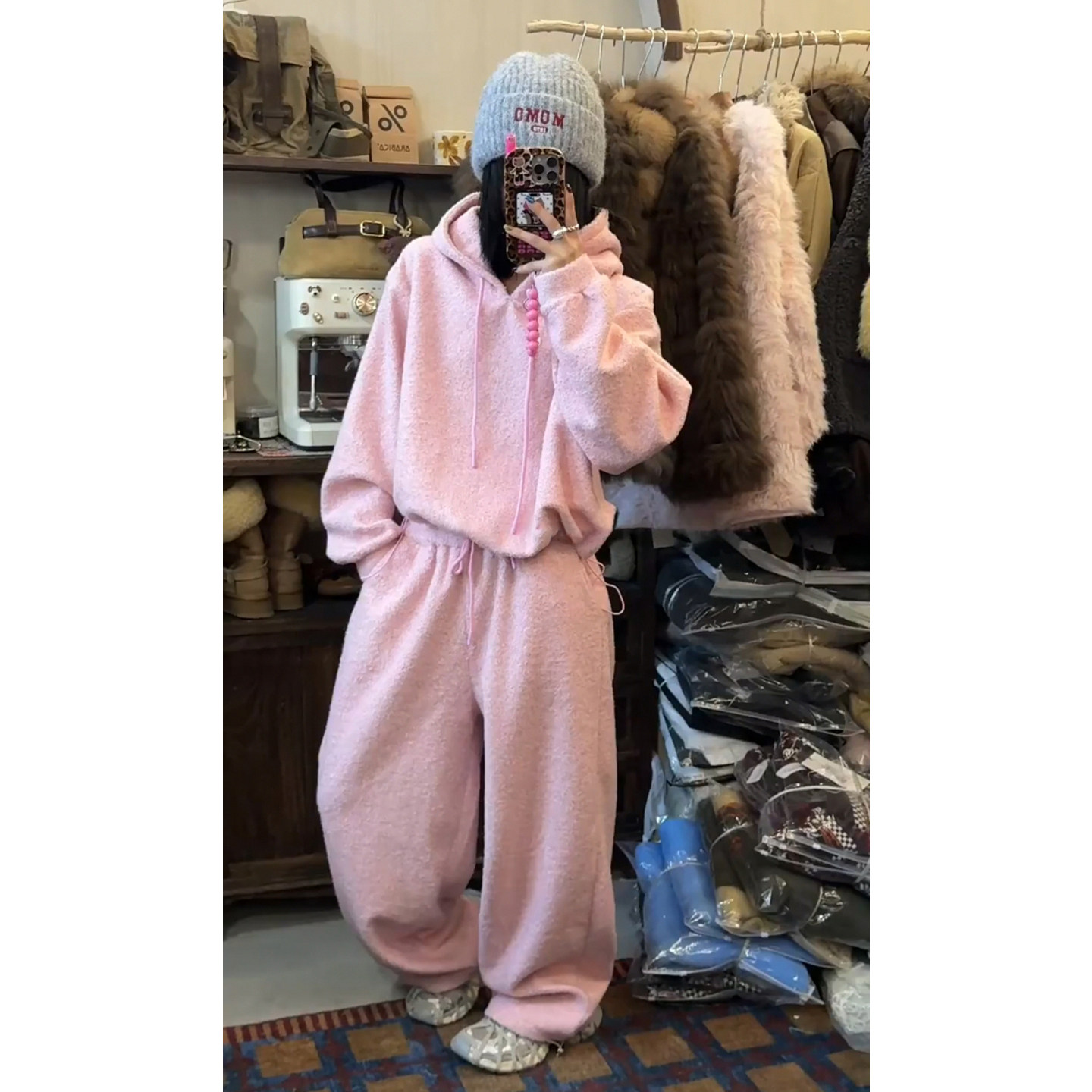 韩系小香风粉色加绒卫衣套装冬季