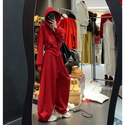 红色系穿搭一整套加绒加厚运动服